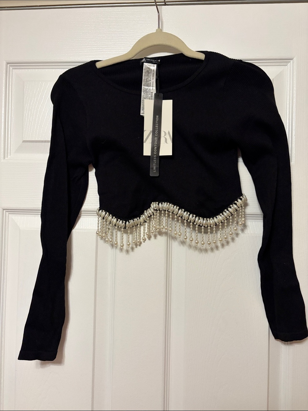 Zara Black Cropped Long-Sleeve Top with Pearl Fringe Hem